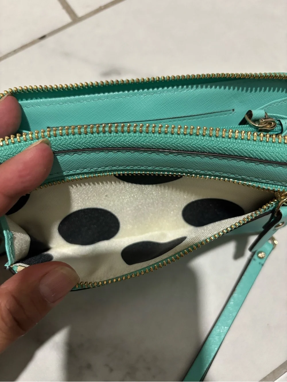kate spade turquoise zip around wallet with gold hardware